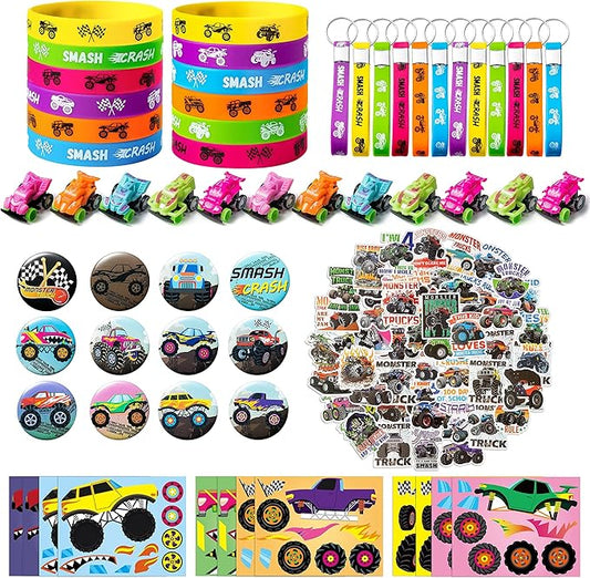 ANGOLIO 110Pcs Monster Truck Party Favors Kits, Favors All-in-One Pack Party Supplies Include Monster Truck Stickers Keychain Bracelet Badge Car Face Stickers for Boys Kids Birthday Party Supplies