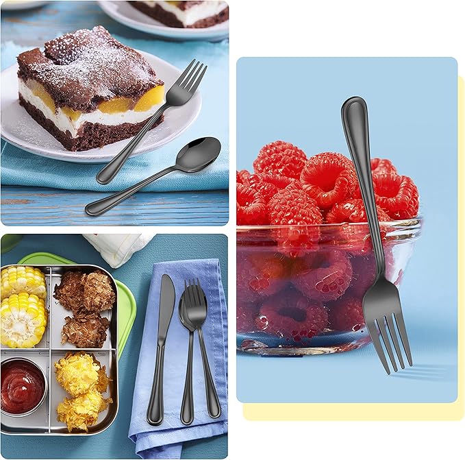 12-Piece Black Kids Silverware, E-far Stainless Steel Toddler Kids Utensils Safe for Preschooler/Children, Includes 4 Forks 4 Spoons 4 Knife, Slimline Look & Small Size, Healthy & Rust Free