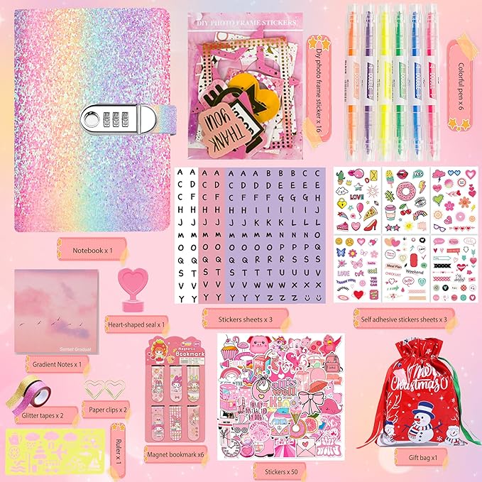 Christmas Gifts for Girls ,DIY Journal Kit for Girls,Diary for Girls with Lock ,DIY Journal Set for Tween & Teen Girls, Stationery Set, Diary Supplies Set, Journaling Art Crafts Kit, Ideal Gifts for Girl