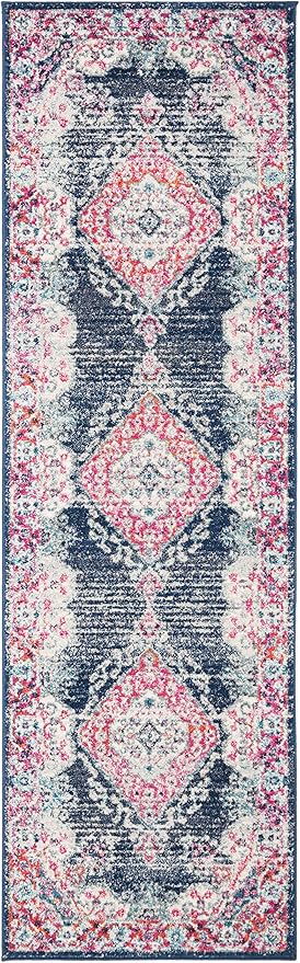 SAFAVIEH Evoke Collection 2'2" x 7' Navy / Fuchsia EVK250N Oriental Medallion Distressed Non-Shedding Living Room Entryway Foyer Hallway Bedroom Runner Rug