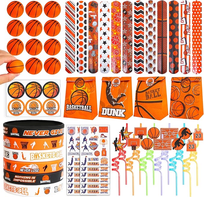 Basketball Party Favors Set 72 PCS Basketball Slap Bracelets Straws Tattoo Stickers Mini Stress Ball Silicone Bracelets Gift Bags for Kids Adults Sports Basketball Birthday Gift Classroom Rewards