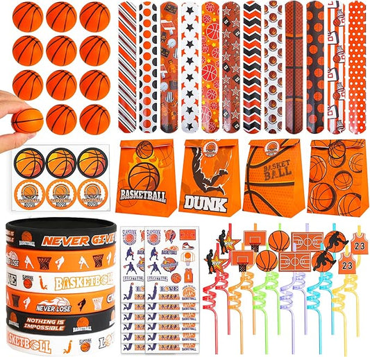 Basketball Party Favors Set 72 PCS Basketball Slap Bracelets Straws Tattoo Stickers Mini Stress Ball Silicone Bracelets Gift Bags for Kids Adults Sports Basketball Birthday Gift Classroom Rewards