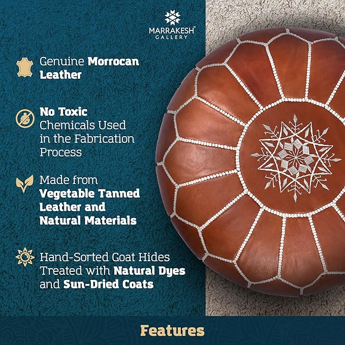 Marrakesh Gallery Genuine Leather Round Pouf Unstuffed - Moroccan Ottoman Footstool, Footrest Cover - Boho Decor - Bohemian Living Room, Bedroom, Kids Room, Gift & Wedding