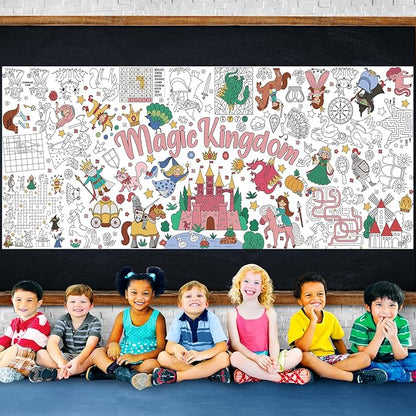 Magic Kingdom Giant Coloring Poster for Kids 30 x 72 Inch, Princess Large Coloring Poster Tablecloth, Fairy Themed Color-in Activities Games for Kids School Classroom Home Party Supplies Decorations