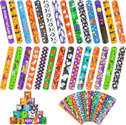 Halloween Slap Bracelet for Kids - 48 Pieces, 24 Colorful Styles, Bulk Halloween Slap Wristbands for Kids Party Favors, Toys Prizes & Goodie Bags Fillers