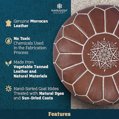 Marrakesh Gallery Genuine Leather Round Pouf Unstuffed - Moroccan Ottoman Footstool, Footrest Cover - Boho Decor - Bohemian Living Room, Bedroom, Kids Room, Gift & Wedding