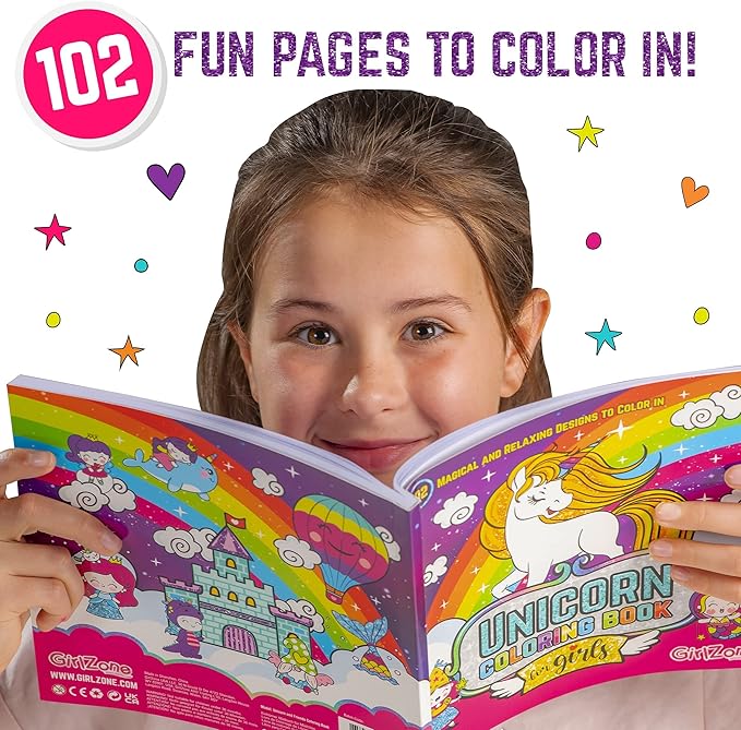 GirlZone Unicorn Coloring Book for Kids Ages 4+, Arts and Crafts Unicorn Coloring Books with 102 Fun Designs Like Fairies and Sea Animals for Teen Girls