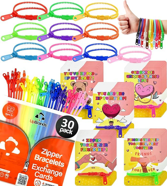 UpBrands Case Pack of 60 Boxes x 30 Valentine's Day Cards with Unicolor Fidget Zipper Bracelets Per Box – Bulk Gifts for Schools, Charities, and Businesses