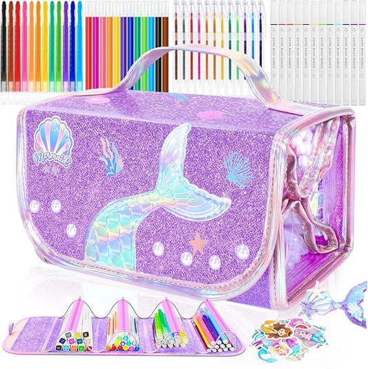 70PCS Mermaid Washable Markers Set with Glitter Pencil Case,Art Supplies for Kids Ages 4-6-8,Drawing Coloring Art Craft Kits for Girls with Marker,Glitter Pens,Crayon,Birthday Gifts Toys for Girls