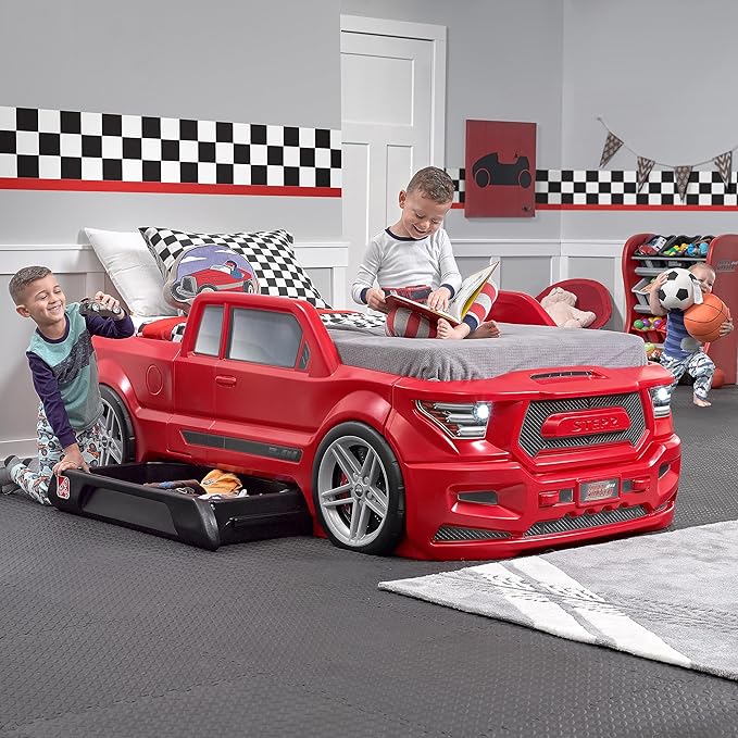 Step2 Turbocharged Twin Size Truck Car Bed, Car Bed for Boys & Girls, Working Headlights & Built-In Storage, Made of Durable Plastic, For Toddlers 3+ Years Old, Vibrant Red
