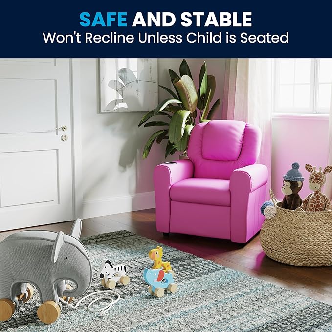 Flash Furniture Vana Vinyl Kids Recliner with Cup Holder, Headrest, and Safety Recline, Contemporary Reclining Chair for Kids, Supports up to 90 lbs., Hot Pink