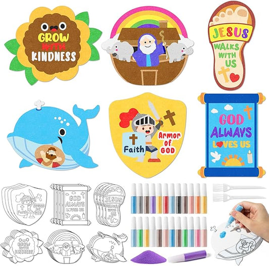 EZdhuawuse Religious Sand Art Craft Kit - 50P Easter Christian Sand Painting Cards for Kids DIY Sunday School Craft, Color Your Own God Jesus Cross DIY Crafts for Sunday Church Classroom Party
