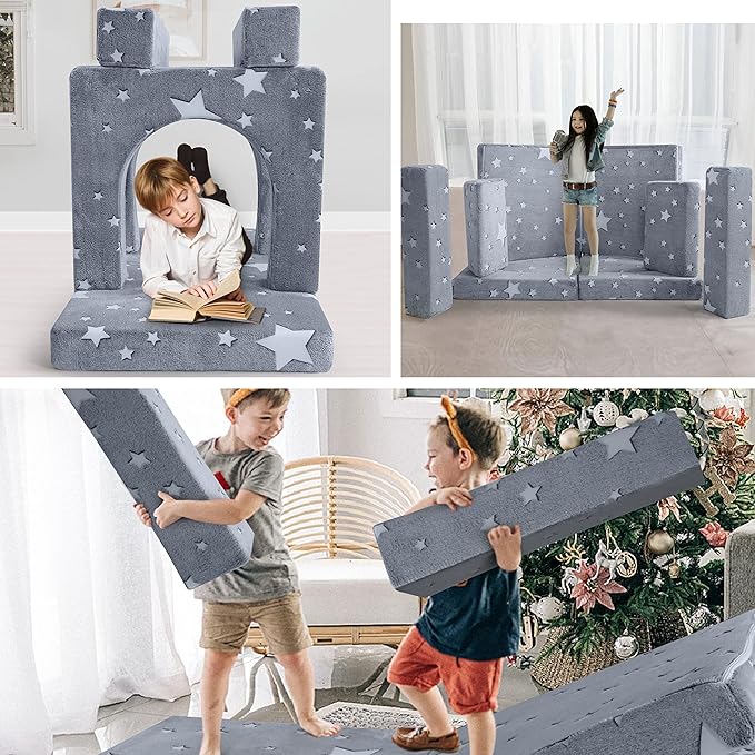 MeMoreCool Kids Couch, 10 Piece Modular Play Couch for Playroom, Fold Out Glow Star Toddler Bed, Foam Building Sofa for Boys and Girls