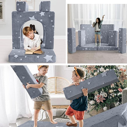 MeMoreCool Kids Couch, 10 Piece Modular Play Couch for Playroom, Fold Out Glow Star Toddler Bed, Foam Building Sofa for Boys and Girls