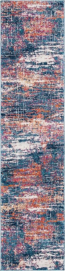 SAFAVIEH Evoke Collection 2'2" x 9' Navy / Orange EVK272N Modern Abstract Non-Shedding Living Room Entryway Foyer Hallway Bedroom Runner Rug