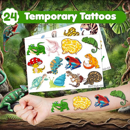48PCS Reptile Party Favors - 24 Tattoos & 24 Slap Bracelets, Alligator, Lizard, Gecko, Snake Patterns - Perfect for Reptile-Themed Birthdays, Classroom Prizes, and Party Supplies for Boys & Girls