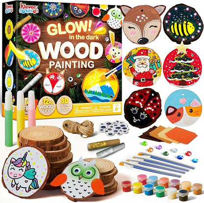 Klever Kits Wooden Painting Craft Kit-Glow in The Dark- Arts and Crafts for Kids Ages 6-12 Wood Slices with Art Activitiy Supplies, Wood Crafts for Boys Girls Party Gift Christmas Tree Ornaments