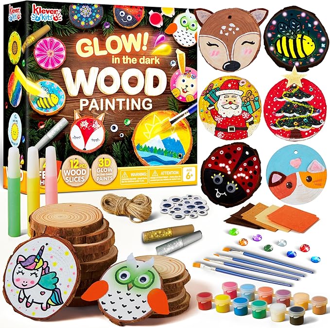 Klever Kits Wooden Painting Craft Kit-Glow in The Dark- Arts and Crafts for Kids Ages 6-12 Wood Slices with Art Activitiy Supplies, Wood Crafts for Boys Girls Party Gift Christmas Tree Ornaments