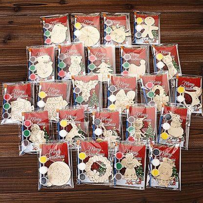 24 Pcs Christmas Party Favors Wooden Painting Craft Kits Birthday Party Supplies with Organza Bag for Goodie Bags Fillers Adult Thank You Gifts