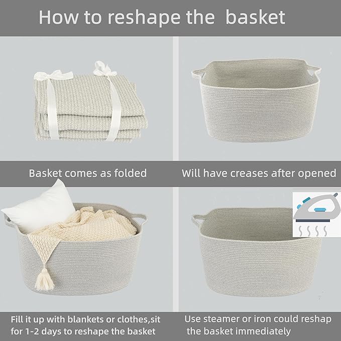 XUANGUO Large Rectangle Blankets Basket Living Room 22"x17"x12" Woven Cotton Rope Storage Baskets for Nursery Toy Baskets for Kids and Dogs Laundry Basket Bin for Clothes Towels grey