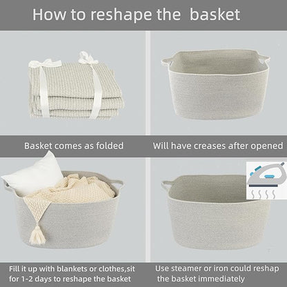 XUANGUO Large Rectangle Blankets Basket Living Room 22"x17"x12" Woven Cotton Rope Storage Baskets for Nursery Toy Baskets for Kids and Dogs Laundry Basket Bin for Clothes Towels grey