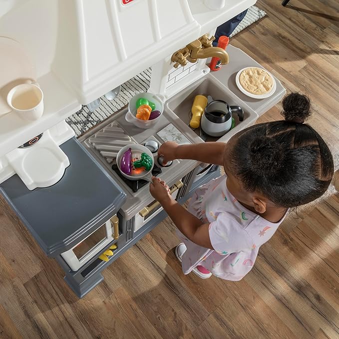 Step2 Gilded Gourmet Kids Kitchen Playset, Indoor/Outdoor Kitchenette, Interactive Play with Lights and Sounds, Made of Durable Plastic, Includes 20 Piece Toy Accessories, for Toddlers 2+ Years Old