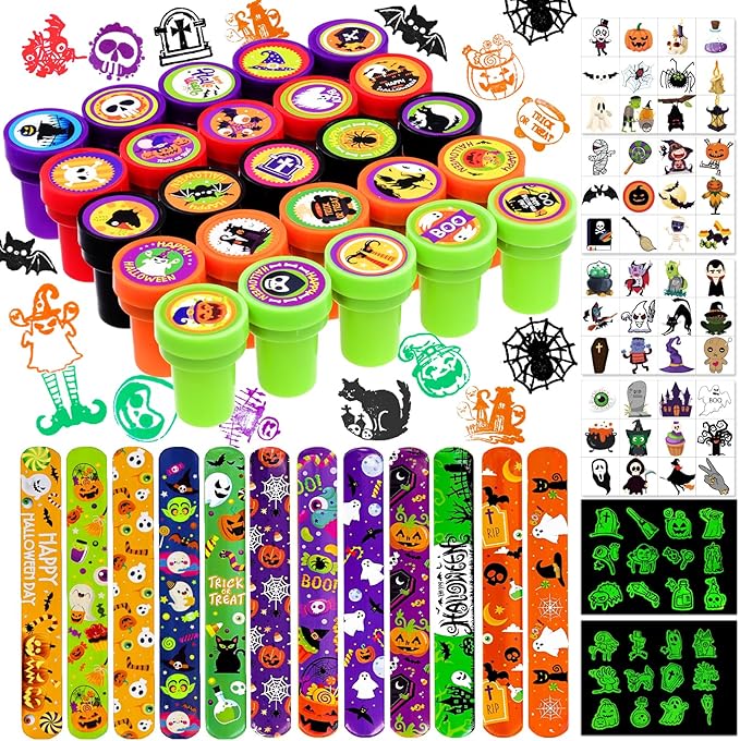 Garma Halloween Party Favors Toys for Kids, 25 Pcs Halloween Assorted Stamps with 12 Pcs Slap Bracelets and 288 Tattoos Halloween Goody Bag Fillers for Classroom Reward Prize Non Candy Party Supplies