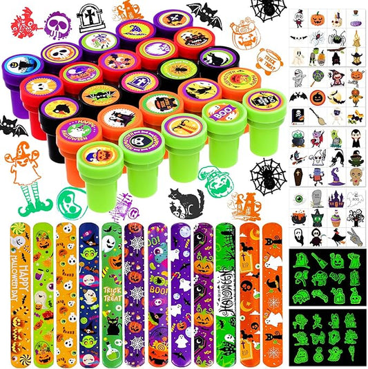 Garma Halloween Party Favors Toys for Kids, 25 Pcs Halloween Assorted Stamps with 12 Pcs Slap Bracelets and 288 Tattoos Halloween Goody Bag Fillers for Classroom Reward Prize Non Candy Party Supplies