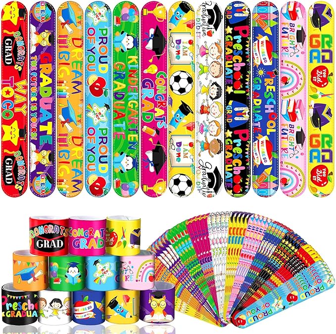 JUNEBRUSHS 56Pcs Kindergarten Graduation Slap Bracelets, Colorful Congrats Grad Bracelets Wristbands Kindergarten Graduation Gifts for Kids Preschool Kindergarten Graduation Party Favors Supplies