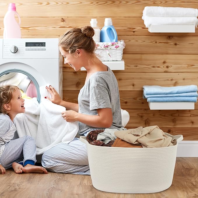 XUANGUO Large Rectangle Blankets Basket Living Room 22"x17"x12" Woven Cotton Rope Storage Baskets for Nursery Toy Baskets for Kids and Dogs Wicker Laundry Basket Bin for Clothes Towels white