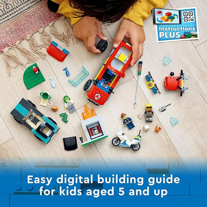 LEGO City Fire Rescue & Police Chase Building Set 60319 - Kid's Fire & Police Build, Featuring 3 Minifigures, Emergency Truck, Patrol Car, Motorcycle Toys, Gifts for Boys and Girls Age 5+ Years Old