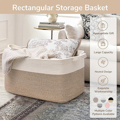 Goodpick Large Woven Blanket Basket 21.6" x 14.9" x 11.8" Storage Baskets for Organizing, Cotton Rope Basket for Home Decor Living Room Nursery, Toy Baskets Storage Kids, White & Camel Mix