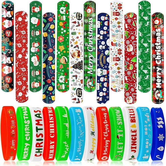 JUNEBRUSHS 50 Pack Christmas Party Favors Christmas Slap Bracelets Rubber Wristbands Assorted for Kids Slap Bands Silicone Snap Bracelets Bulk for Boys Girls Prizes Gifts Toys Stocking Stuffers