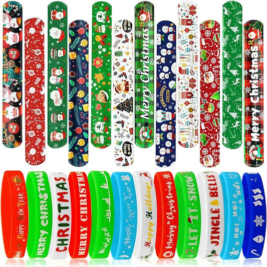 JUNEBRUSHS 50 Pack Christmas Party Favors Christmas Slap Bracelets Rubber Wristbands Assorted for Kids Slap Bands Silicone Snap Bracelets Bulk for Boys Girls Prizes Gifts Toys Stocking Stuffers