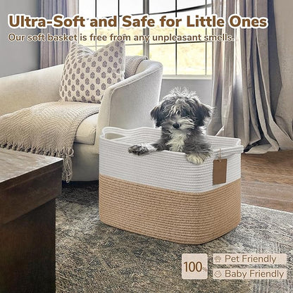 Goodpick Woven Storage Baskets for Organizing, Nursery Toy Baskets Storage Kids, Cotton Rope Basket with Handles, Rectangle Blanket Basket for Living Room, 18 x 14 x 12 Inches