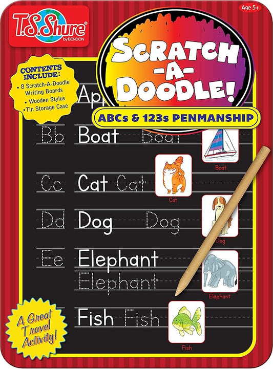 Bendon TS Shure ABC and 123 Alphabet Letters and Numbers Counting Educational Learning Tin with 8 Scratchboards and Wooden Stylus Pre-School Kindergarten Education 51477