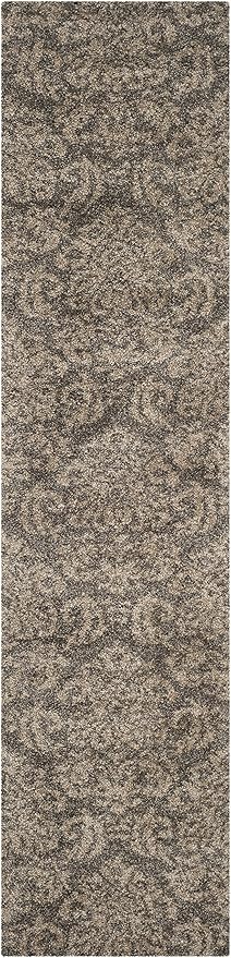SAFAVIEH Florida Shag Collection Runner Rug - 2'3" x 13', Smoke & Beige, Damask Design, Non-Shedding & Easy Care, 1.2-inch Thick Ideal for High Traffic Areas in Living Room, Bedroom (SG460-7913)