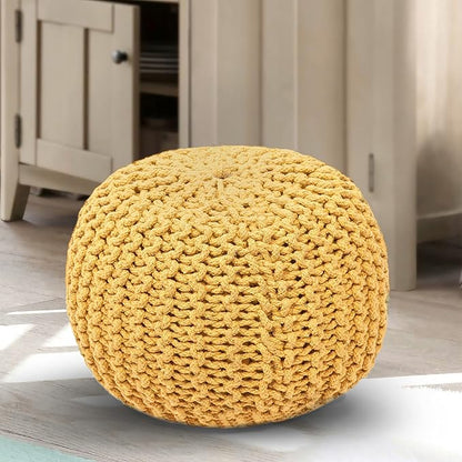 The Home Talk Poufs Boho Rustic Décor Ottoman 100% Cotton Foot Stool for Couch, Armchair, Bean Bag - Hand Knitted Braid Cord for Living Room, Bedroom, Floor Cushion, 18"x18"x14" - Yellow