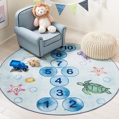 SAFAVIEH Kids Playhouse Collection Area Rug - 5' Round, Blue & Grey, Non-Shedding Machine Washable & Slip Resistant Ideal for High Traffic Areas for Boys & Girls in Playroom, Nursery (KPH217M)