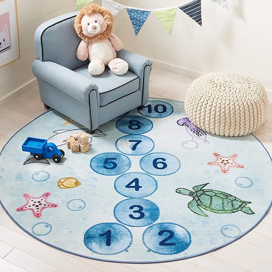 SAFAVIEH Kids Playhouse Collection Area Rug - 5' Round, Blue & Grey, Non-Shedding Machine Washable & Slip Resistant Ideal for High Traffic Areas for Boys & Girls in Playroom, Nursery (KPH217M)