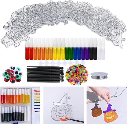 27 Sets Halloween Suncatcher Ornaments Decoration DIY Window Paint Art Craft Kit Jack-O'-Lantern Ghost Vampire Witch Spider Sun Catchers for Halloween Classroom Party Art Activity Trick or Treat Gift