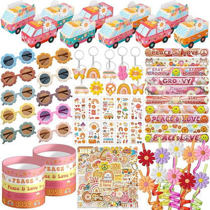 120PCS Groovy Party Favors,Includes Bus Boxes Retro Flower Sunglasses Temporary Tattoos Stickers Slap Bracelets Keychains Plastic Straws Silicone Bracelets For Boho Hippie Birthday Party