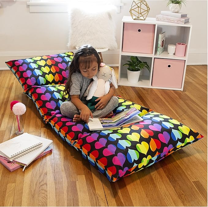 Wildkin Kids Floor Lounger: Ideal for Boys and Girls, Travel-Friendly, Perfect for Sleepovers - Pillow Lounger for Kids, Requires Standard Size Pillows Not Included (Rainbow Hearts)