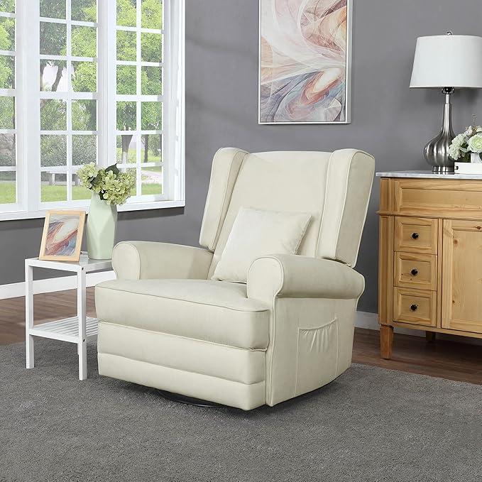 Melbourne Upholstered Seating Wing Back Glider Swivel, Nursery Glider Chair in Shell, Greenguard Gold Certified Modern Nursery Recliner with a Bonus Pillow, Tool-Free Assembly, Easy to Clean