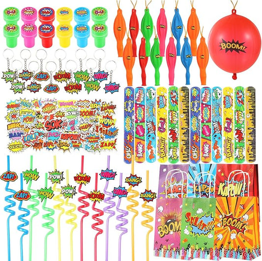LiYiQ 122 Pcs Hero Party Favors with Hero Punch Balloons Reusable Drinking Straws Hero Slap Bracelets Keychains Stamps Stickers and Gift Bags for Kids Hero Birthday Party Supplies (Style 1)