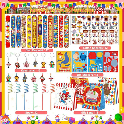 Circus Party Favors 72 PCS Circus Clown Animal Slap Bracelets DIY Stickers Tattoo Stickers Keychains Plastic Straws Gift Bags for Kids Carnival Theme Birthday Party Baby Shower Classroom Rewards