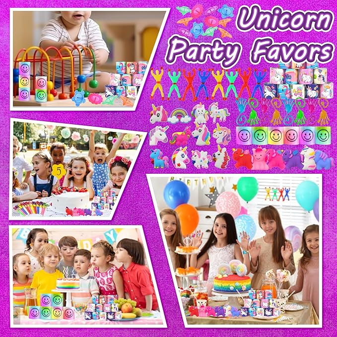 Unicorn Party Favors Unicorn Figures Goodie Rainbow Elastic Ball Bracelets Stickers Gifts Pinata Filler Bulk Toys for Unicorn Party Girl Kid Birthday Party Stuffers Supplies (Style 01)