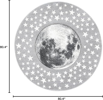 SAFAVIEH Carousel Kids Collection 6'7" Round Light Grey/White CRK135F Moon and Stars Non-Shedding Nursery Playroom Area Rug
