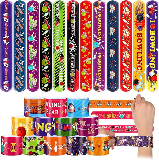 Marsui 48 Pcs Bowling Slap Bracelets Bulk Bowling Party Favors Snap Bracelets Bracelets Wristbands for Classroom Prizes Bowling Party Decorations Birthday Party Favors Gifts Supplies, 24 Designs