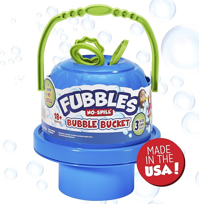 Fubbles Bubbles No-Spill Big Bubble Bucket | Bubbles for Toddlers and Kids of All Ages | Includes Fubbles Bubbles Bucket and 3 Bubble Wands, Made in The USA
